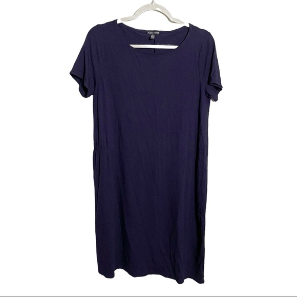 Eileen Fisher Dress Short Sleeve Asymmetrical Stretch Jersey Navy Blue Size XS - Picture 2 of 5